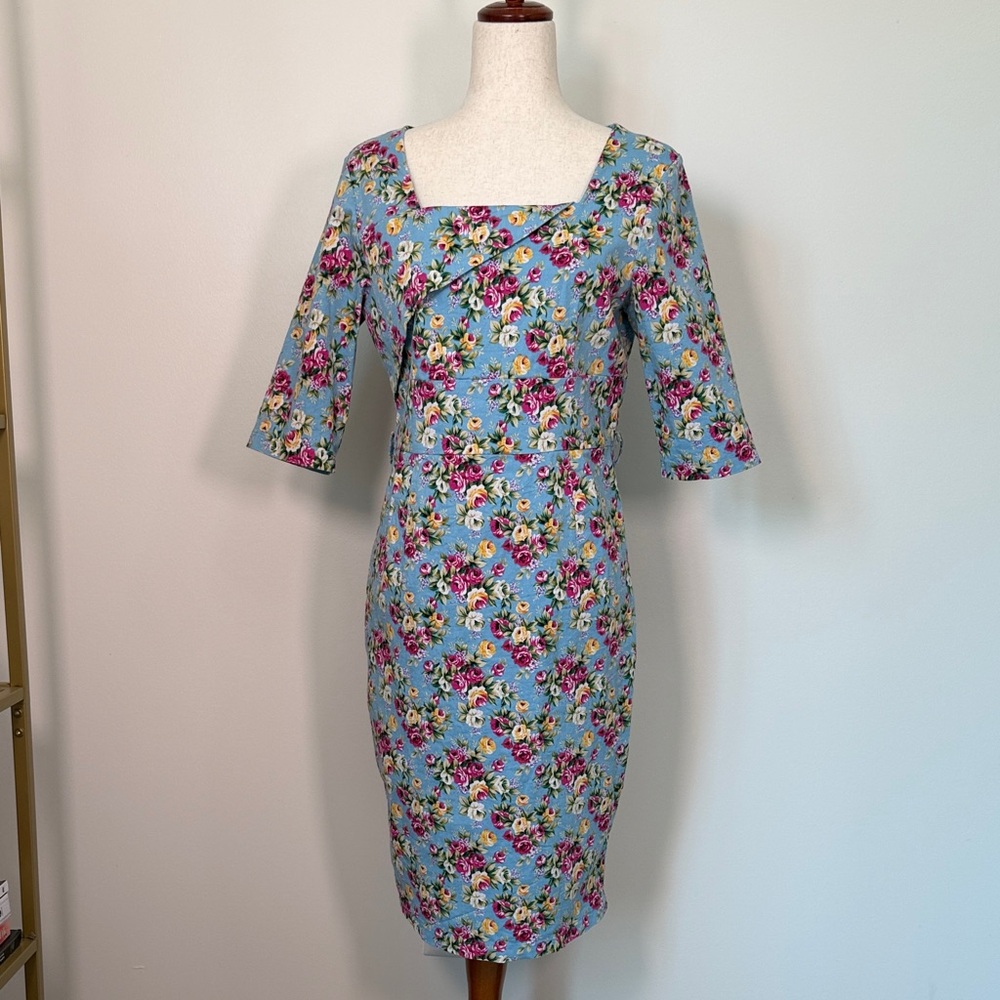 Lindy Bop Sky Blue Floral Square-Neck Midi Dress